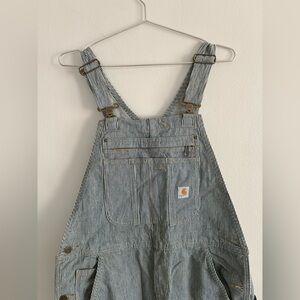 Carhartt Navy & White Striped Denim Bib Overalls with Logo Patch